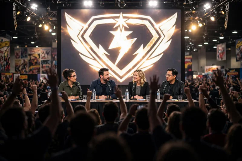 Packed comic convention main stage with celebrity panelists and a cheering crowd at New York Comic Con
