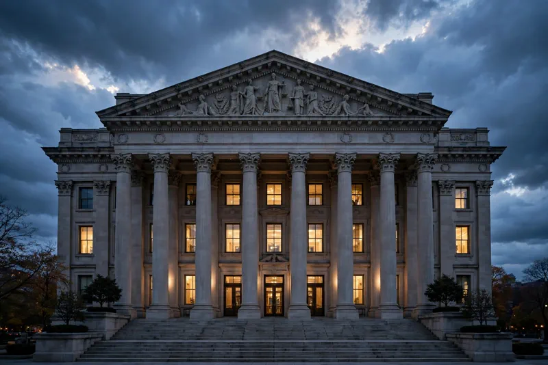 Neoclassical courthouse facade with columns at dusk