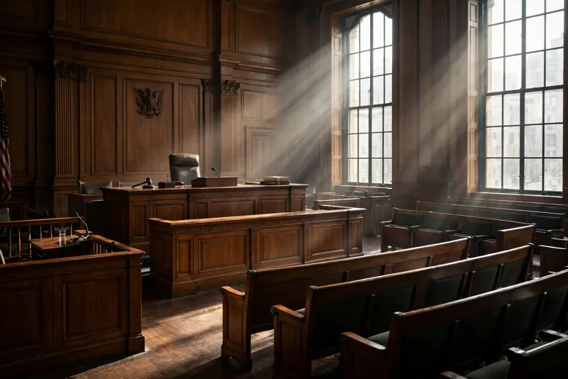 Empty federal courtroom interior with judge's bench and jury box ahead of witness testimony