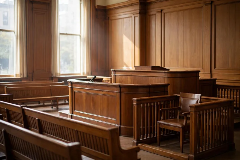 A federal courthouse courtroom interior in Washington DC