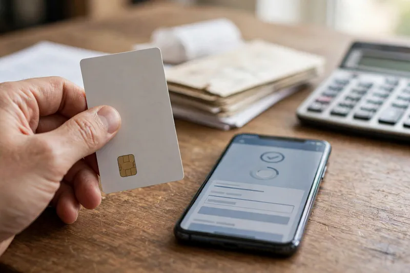 Hand holding a credit card next to a smartphone and household bills on a desk