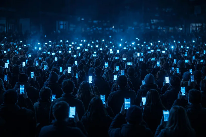Hundreds of glowing smartphone screens in a dark crowd, symbolizing mass personal data collection