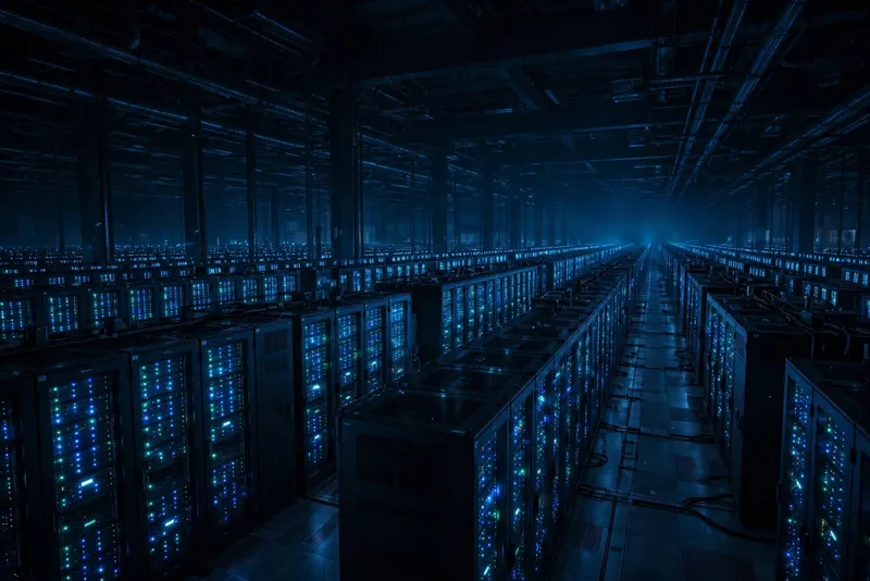 A vast AI data center server hall at night with endless rows of glowing server racks