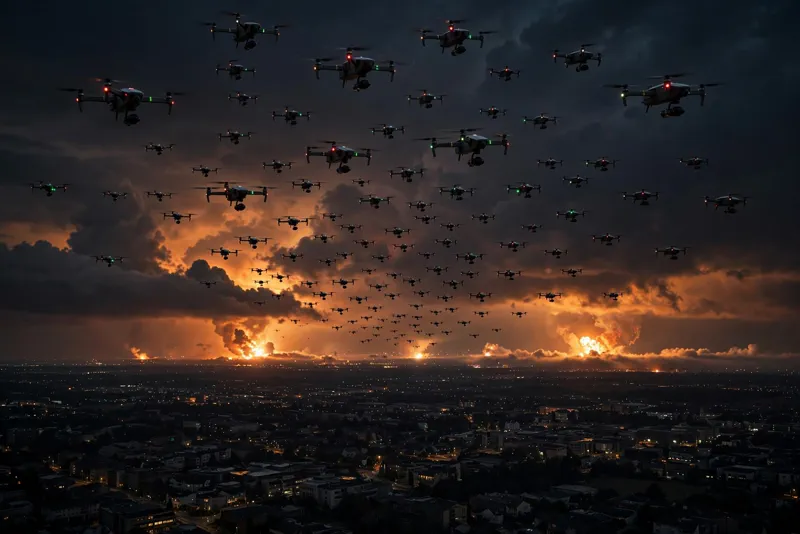 Ukrainian attack drones fly across a dark night sky above a city, with distant explosions glowing on the horizon.