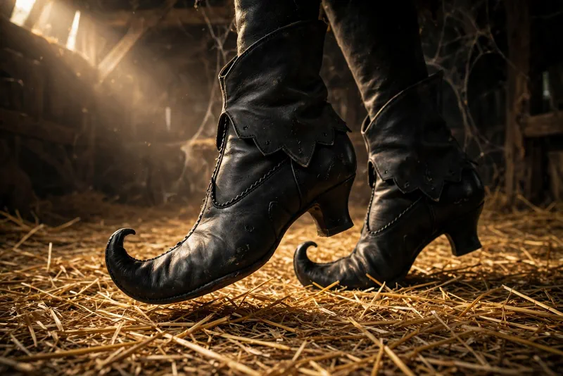 Pointy black elf shoes tiptoeing through straw in the viral AI-generated Rumpelstiltskin meme
