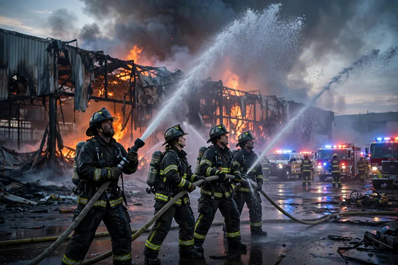Firefighters battle a blaze at an industrial warehouse in St. Petersburg at dawn after an overnight drone attack.