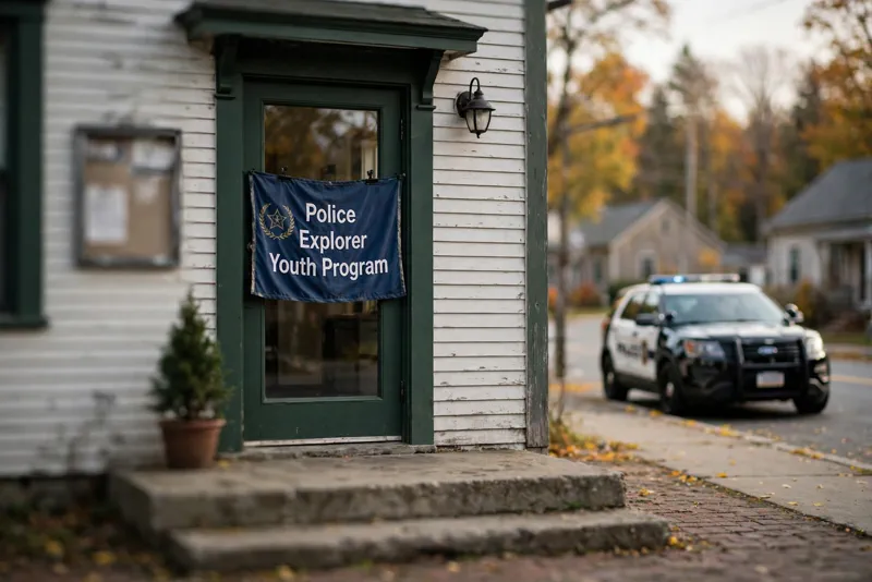 Stoughton Police Department entrance with a police explorer youth program banner, the program where Sandra Birchmore met Matthew Farwell as a teenager
