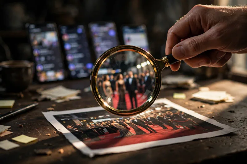 Magnifying glass fact-checking a viral photo.