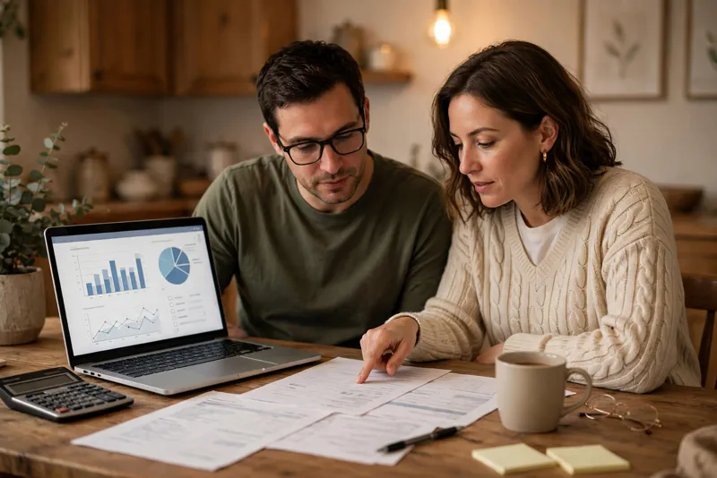 A couple reviewing health insurance paperwork at a dining table while checking whether they qualify for the ACA refund