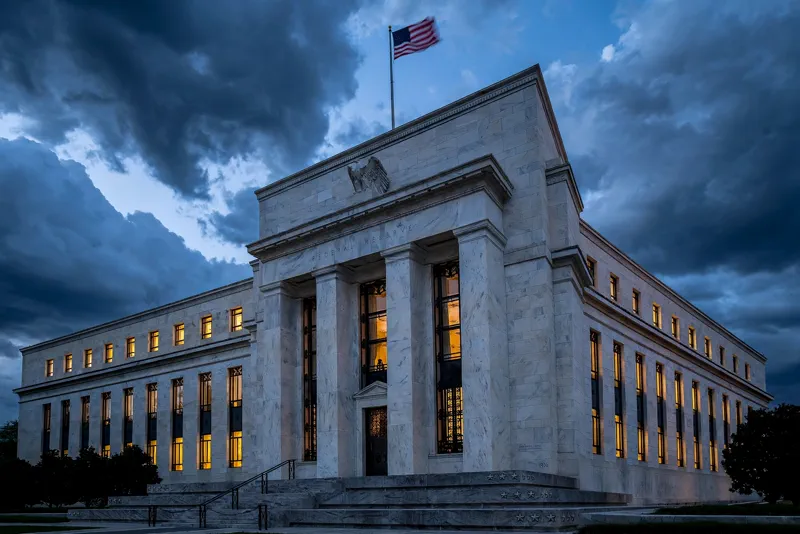 The Federal Reserve building in Washington DC at dusk as the central bank resumes raising interest rates