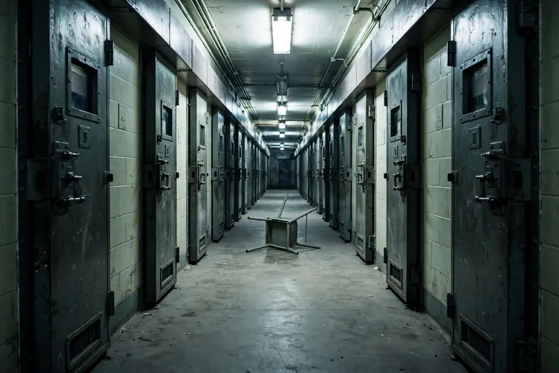 Empty federal prison cell block corridor after a reported altercation at FCI Fort Dix