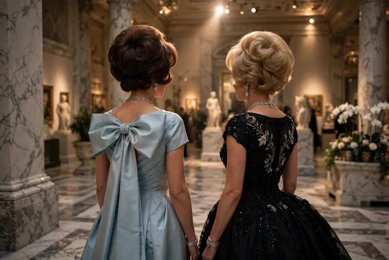 Gala gowns from behind on the red carpet.