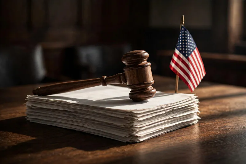 A judge's gavel next to a small American flag in a courtroom