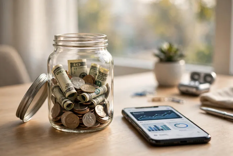 Glass savings jar with dollar bills and a smartphone banking app, representing high-yield savings accounts
