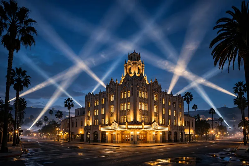 Film premiere searchlights sweeping over Hollywood at dusk