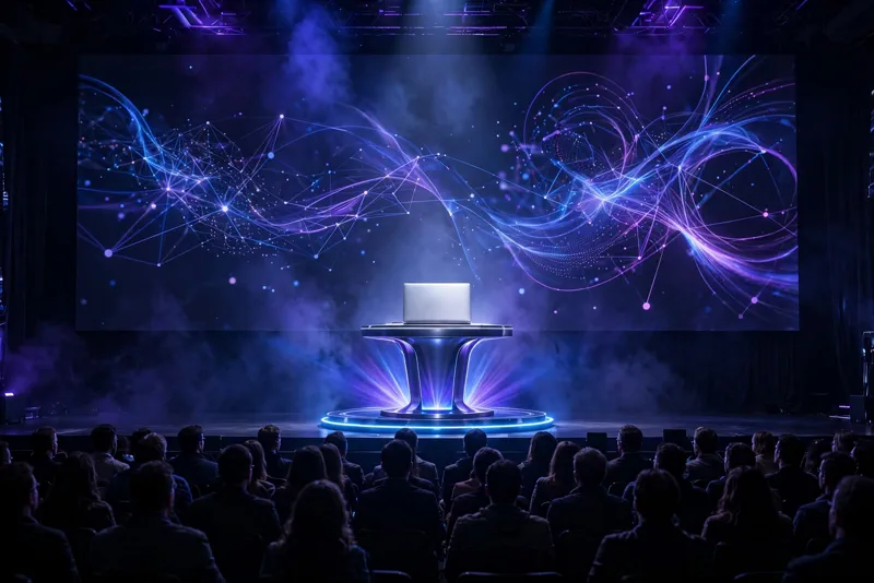 Laptop on a glowing pedestal on a dark keynote stage with AI visuals on a giant screen behind it