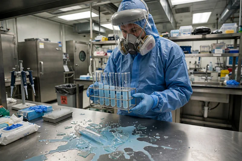 Scientist in protective gear holding test tubes inside a high-security biological laboratory