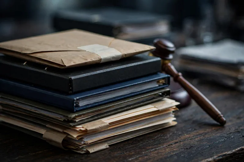 Sealed legal case files and a judge's gavel on a dark wooden desk