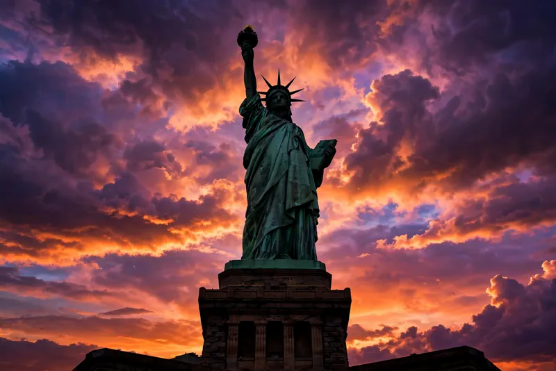 The Statue of Liberty silhouetted against a dusk sky
