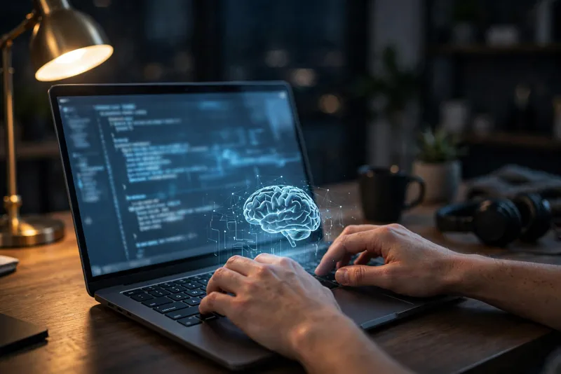 Developer typing on a laptop at night with code on screen and a glowing AI icon above the keyboard