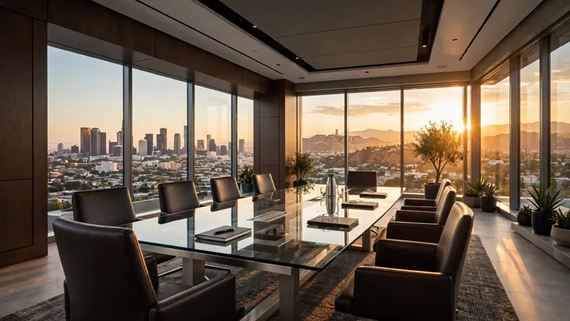 Corporate boardroom high above Los Angeles at golden hour during the Skydance Warner Bros merger