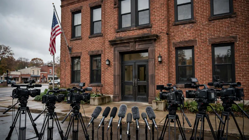 News cameras outside a brick police station with an American flag at half-staff