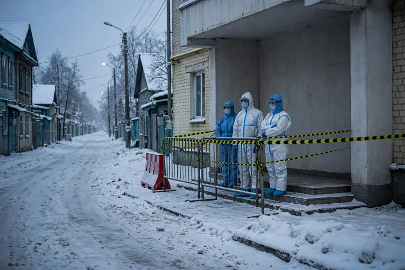 Locked-down hospital entrance in snowy Siberian town with medical workers in protective suits