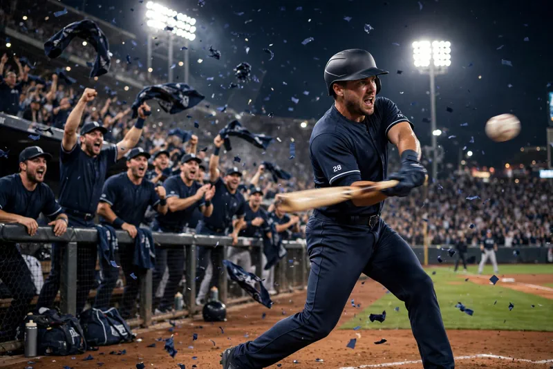 Cleveland batter swinging as the home dugout erupts during the ALDS