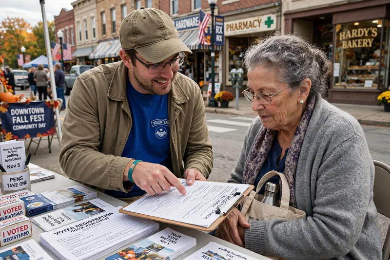 A volunteer helping an older woman check her voter registration on a clipboard at a community event