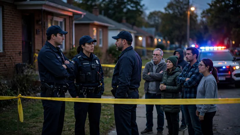 Police officers at a crime scene in a residential Erie neighborhood with patrol cars and police tape