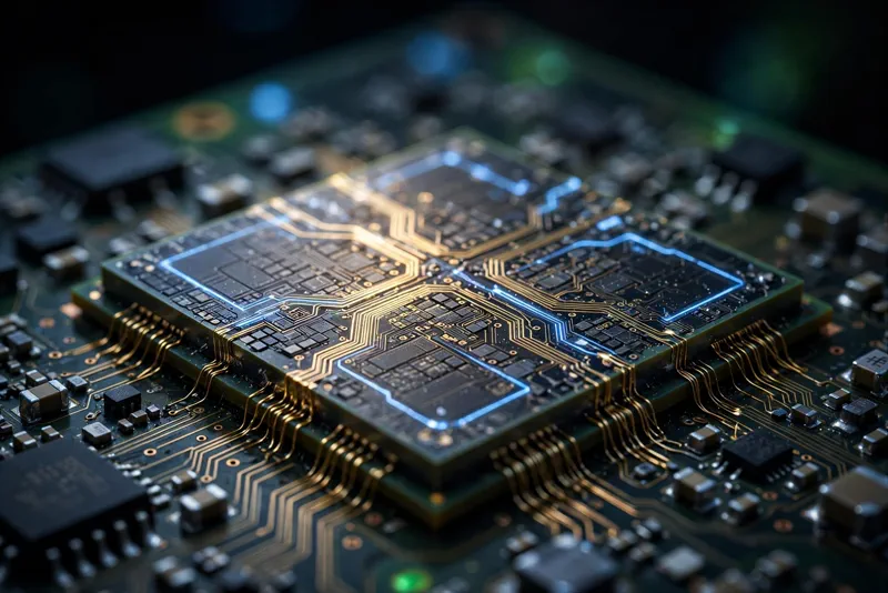 Close-up macro shot of the RTX Spark computer chip on a circuit board with glowing traces
