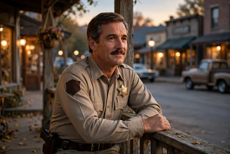 A kind-eyed small-town sheriff in uniform on a wooden porch at dusk, evoking Tom Skerritt's Emmy-winning role as Sheriff Jimmy Brock in Picket Fences