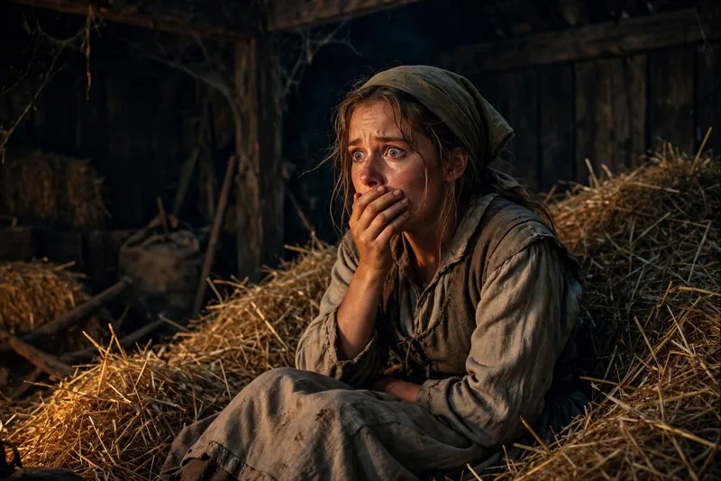 Frightened young woman in a straw-filled barn from the AI-generated Rumpelstiltskin clip