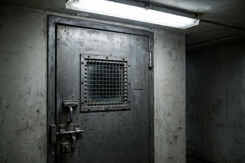 Heavy steel solitary confinement cell door in a federal prison Special Housing Unit