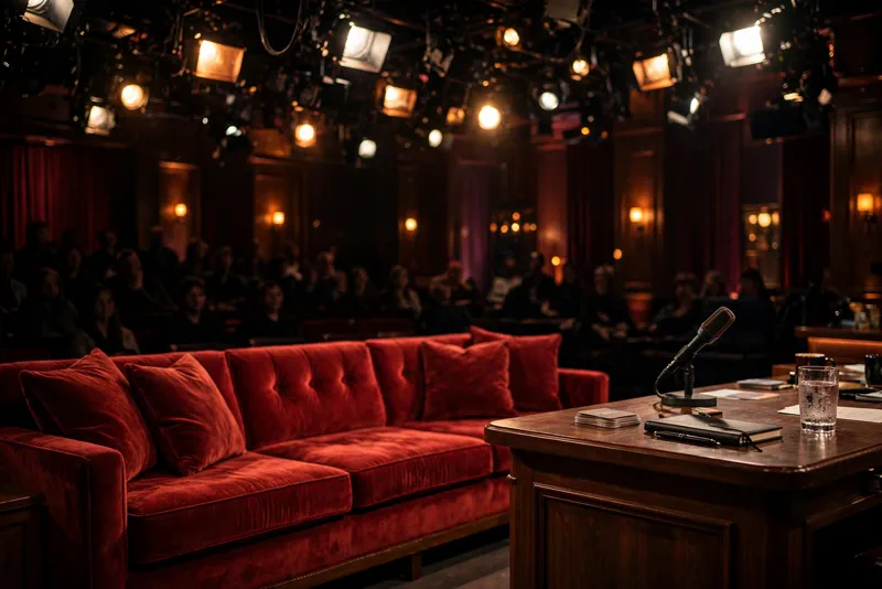 Late-night television talk show studio set like The Graham Norton Show, where Tarantino announced his finished script