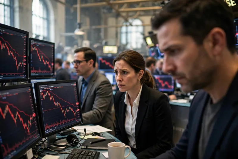Traders on the New York Stock Exchange floor watching red declining market charts on Thursday morning