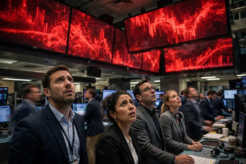 Worried traders on a busy stock exchange floor under glowing red market boards