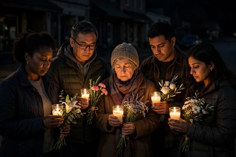 Neighbors hold candles at a nighttime vigil in a small Pennsylvania town