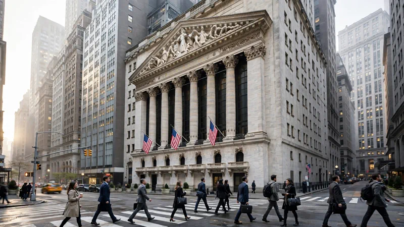 The New York Stock Exchange facade on Wall Street as Skydance Corporation debuts with ticker SKYD