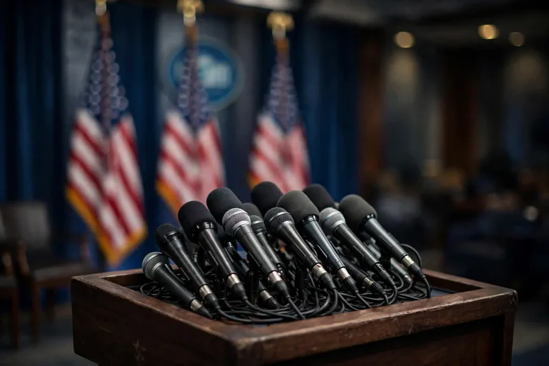 White House press briefing room podium with microphones