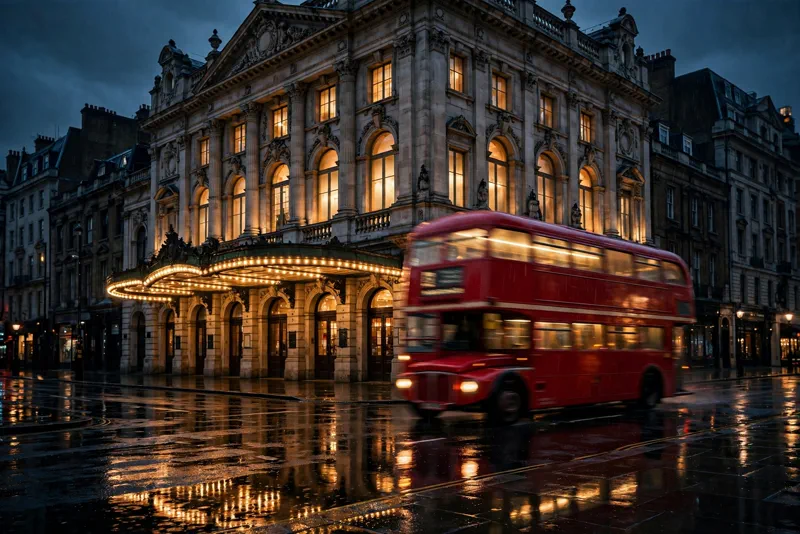 Historic London West End theatre at night, home to Tarantino's upcoming play The Popinjay Cavalier