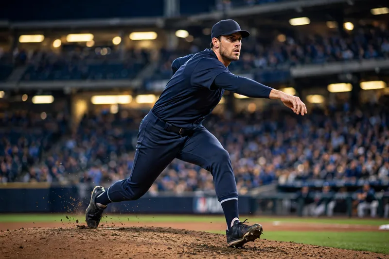 Gavin Williams mid-delivery on the mound during the ALDS playoffs