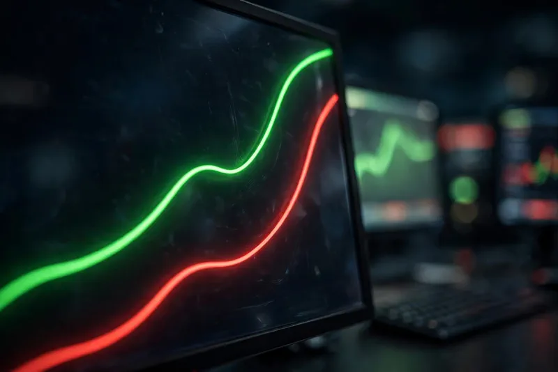Trading terminal screens showing bond yield charts climbing steeply in a dark office