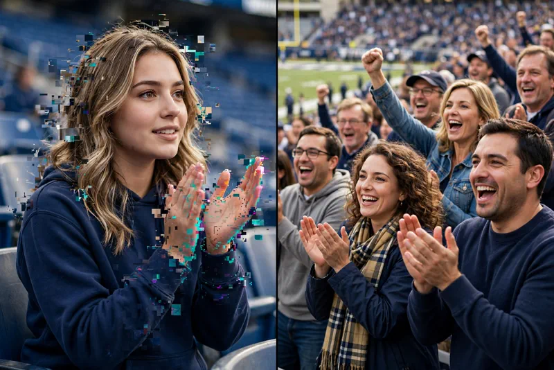 Side-by-side comparison of the AI-generated fake college football fan photo and the real ESPN broadcast screenshot