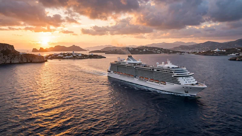 A large white cruise ship sailing the Mediterranean at dusk near Greek islands