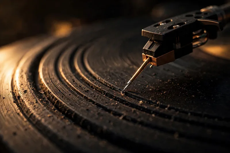 Close-up of a turntable stylus tracking a vinyl record groove
