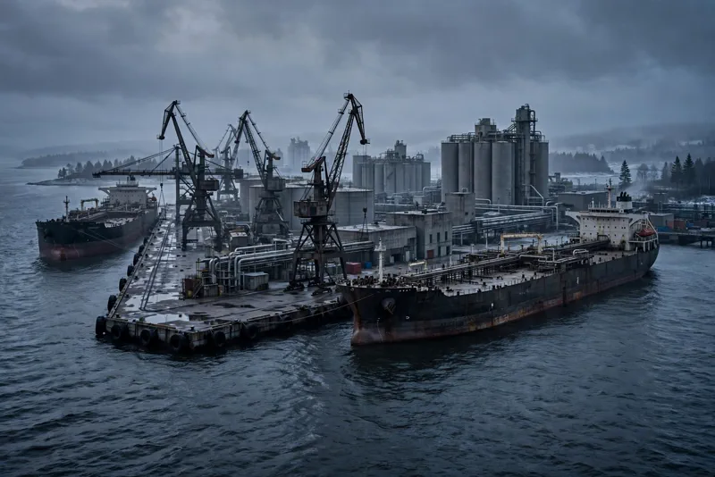 Oil tankers docked at a Russian export terminal at dusk, the kind of energy infrastructure targeted by the waived sanctions.