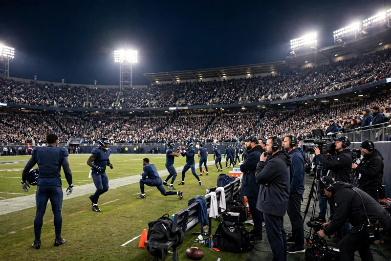 NFL stadium sideline at night before kickoff, players warming up and TV crews at work