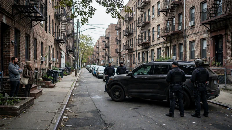 Federal agents near a dark SUV on a Bronx residential street