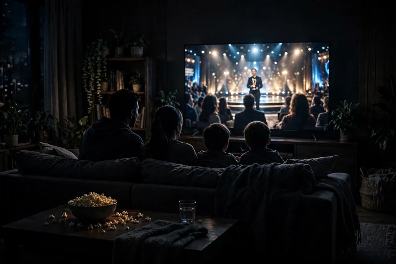 A family watching a glowing awards show broadcast on a TV in a dark living room